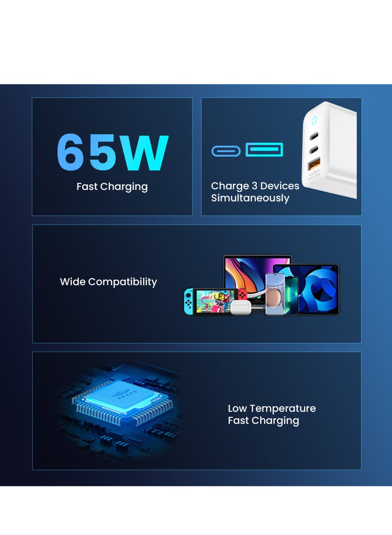 Brave 65W USB C Charger 3-Port GaN Laptop Charger Type C Fast Wall Charger Plug Compatible for MacBook Pro/Air, HP/Dell/Lenovo, iPad Pro/Air, iPhone 15 Pro Max, Galaxy S24 Ultra/S23 (Including 2 Cable) - Image 4