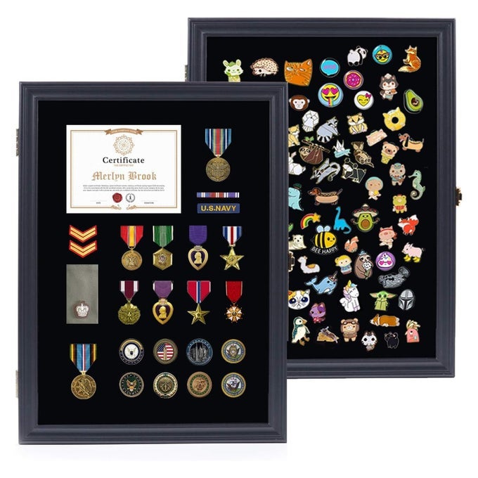 Flybold Pin Display Case with Locking System 19x14 Enamel Pin Display Board for Medal and Patch Collection UVProtected Shadow Box for Military and Police Badges Awards and Keepsakes