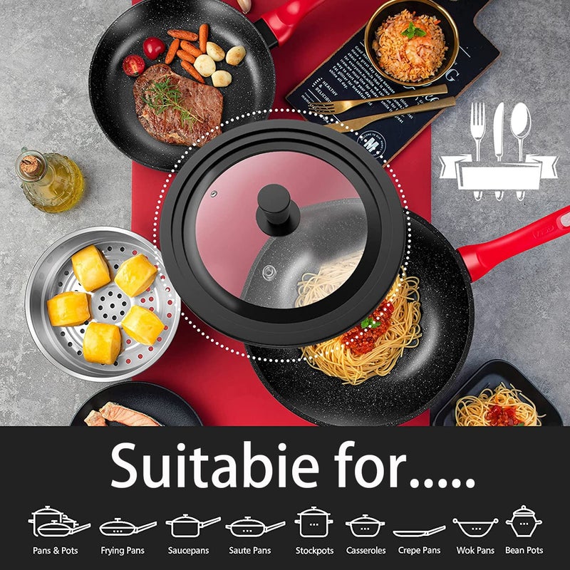 ILOVYO Universal Lids for Pots, Pans & Skillets - Fits 7", 8" & 9" Diameter, 10", 11" & 12" Diameter Cookware, Tempered Glass with High Heat Resistant Silicone Rim, Dishwasher Safe (2 Pack) - Image 2