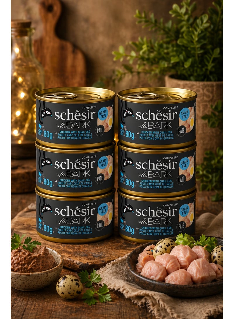 Schesir After Dark Wet Cat Food for Adult Cats – Chicken with Quail Egg Pate – Grain-Free High-Protein Formula – 480 g (6 x 80 g Cans) - Image 1