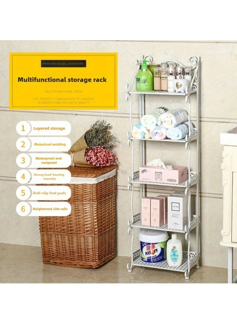 Generic Metal Storage Shelving Organizer 5 Floors Large Capacity Multi Use Bathroom To Organize Creams And Soap Or Kitchen To Organize Canned Food And Toiletry Or For Bedrooms Or Living Rooms To Put Antiques Books Or Magazines Durable And Strong Design That Is Easy To Install And Folds And Stores When Not In Use It Does Not Take Up Space When Folding The Carved Inscription Tape On A Shelf Frame Of The European Style White Color  - Image 5