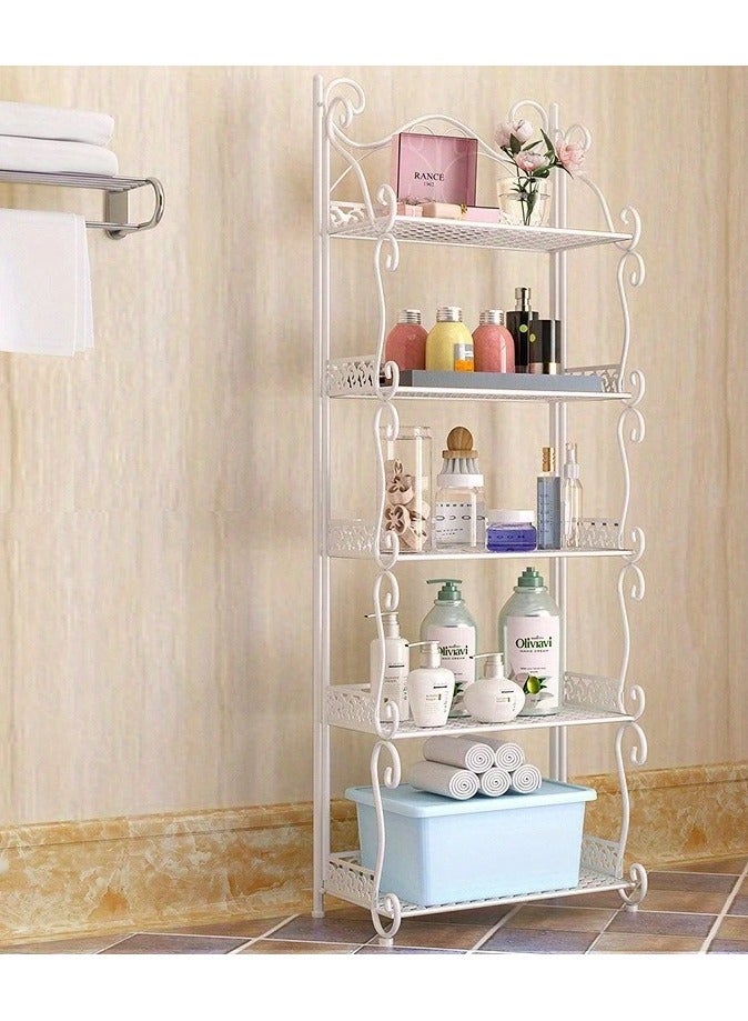 Generic Metal Storage Shelving Organizer 5 Floors Large Capacity Multi Use Bathroom To Organize Creams And Soap Or Kitchen To Organize Canned Food And Toiletry Or For Bedrooms Or Living Rooms To Put Antiques Books Or Magazines Durable And Strong Design That Is Easy To Install And Folds And Stores When Not In Use It Does Not Take Up Space When Folding The Carved Inscription Tape On A Shelf Frame Of The European Style White Color  - Image 1