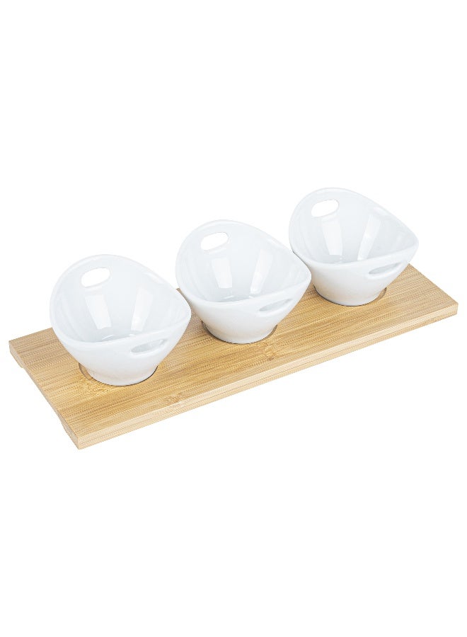 Restaurantware طقم وعاء 6 أونصات مع صينية - 1 طقم تقديم قابل للغسل في غسالة الصحون، يتضمن 3 أوعية خزفية وصينية من الخيزران، متينة، طقم أوعية وصينية خزفية بيضاء وخيزران، قابلة لإعادة الاستخدام، قابلة للتجميد - Image 1