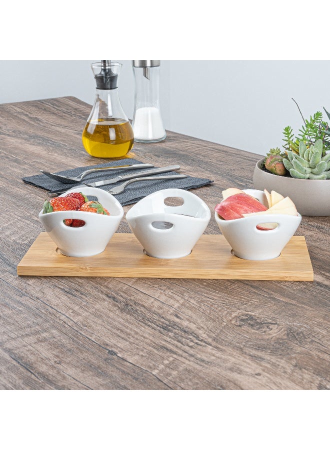 Restaurantware طقم وعاء 6 أونصات مع صينية - 1 طقم تقديم قابل للغسل في غسالة الصحون، يتضمن 3 أوعية خزفية وصينية من الخيزران، متينة، طقم أوعية وصينية خزفية بيضاء وخيزران، قابلة لإعادة الاستخدام، قابلة للتجميد - Image 4