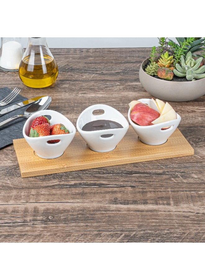 Restaurantware طقم وعاء 6 أونصات مع صينية - 1 طقم تقديم قابل للغسل في غسالة الصحون، يتضمن 3 أوعية خزفية وصينية من الخيزران، متينة، طقم أوعية وصينية خزفية بيضاء وخيزران، قابلة لإعادة الاستخدام، قابلة للتجميد - Image 3