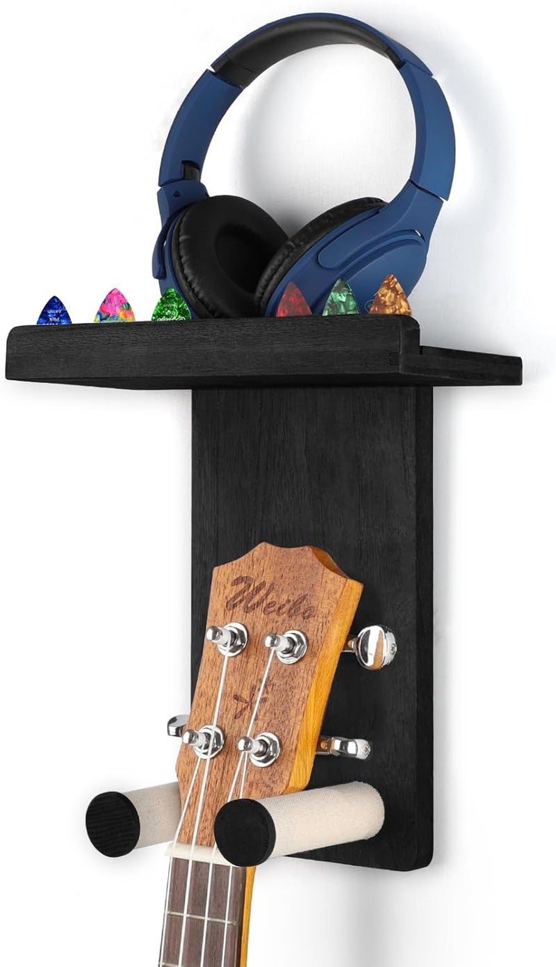 Keebofly Guitar Wall Mount - Single Pack, Wall Hanger with Pick Holder - Guitar & Ukulele Rack, Rustic Wood Black, Patented - Image 1
