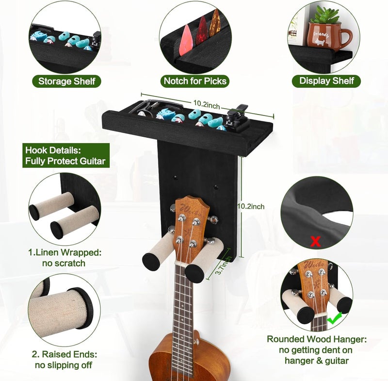 Keebofly Guitar Wall Mount - Single Pack, Wall Hanger with Pick Holder - Guitar & Ukulele Rack, Rustic Wood Black, Patented - Image 3
