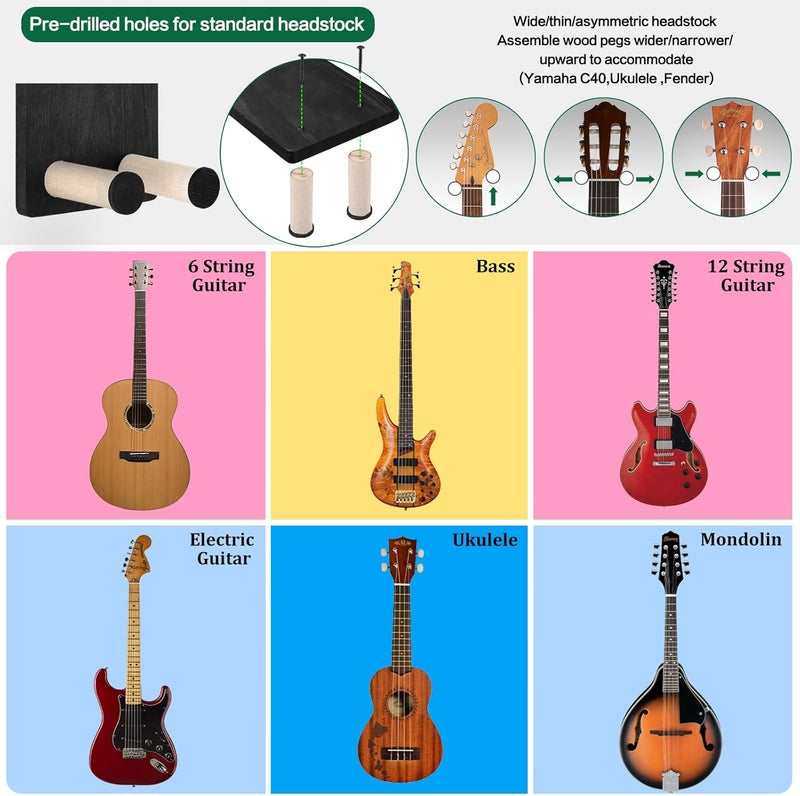 Keebofly Guitar Wall Mount - Single Pack, Wall Hanger with Pick Holder - Guitar & Ukulele Rack, Rustic Wood Black, Patented - Image 2