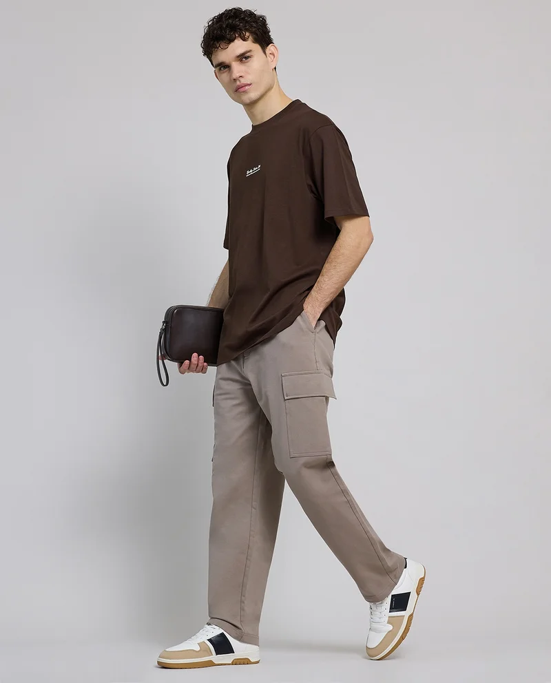 R&B Solid Cargo Pants with Elastic Waist
