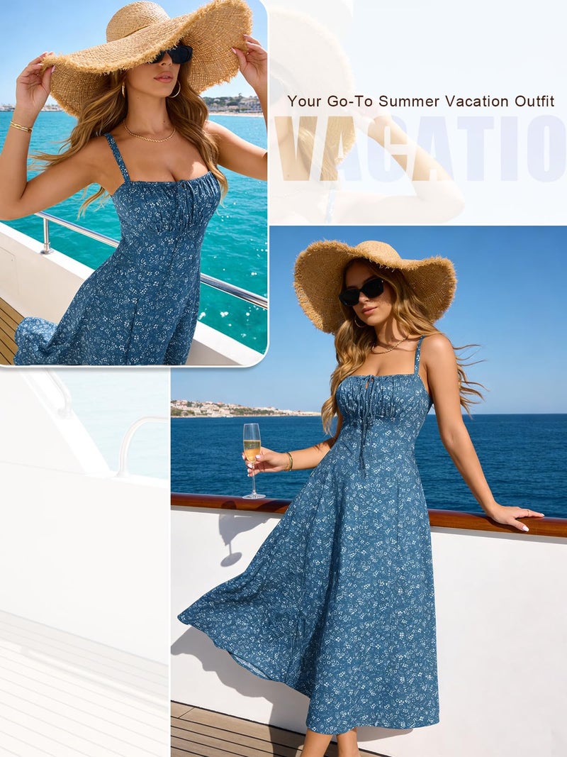 YATHON Boho Dresses for Women 2026 Casual Midi Floral Dress Square Neck Strapped Swing A Line Beach Long Maxi Dress(YT552-Blue White F 05,L) - Image 2