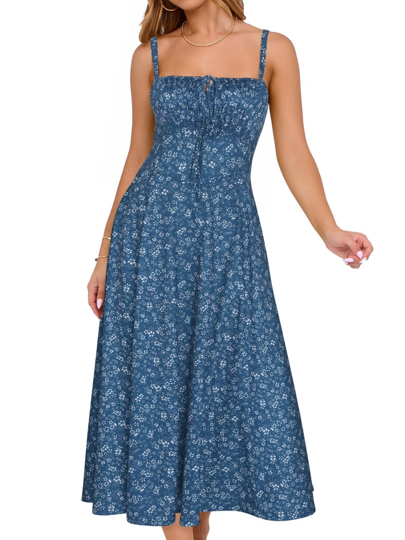 YATHON Boho Dresses for Women 2026 Casual Midi Floral Dress Square Neck Strapped Swing A Line Beach Long Maxi Dress(YT552-Blue White F 05,L) - Image 1