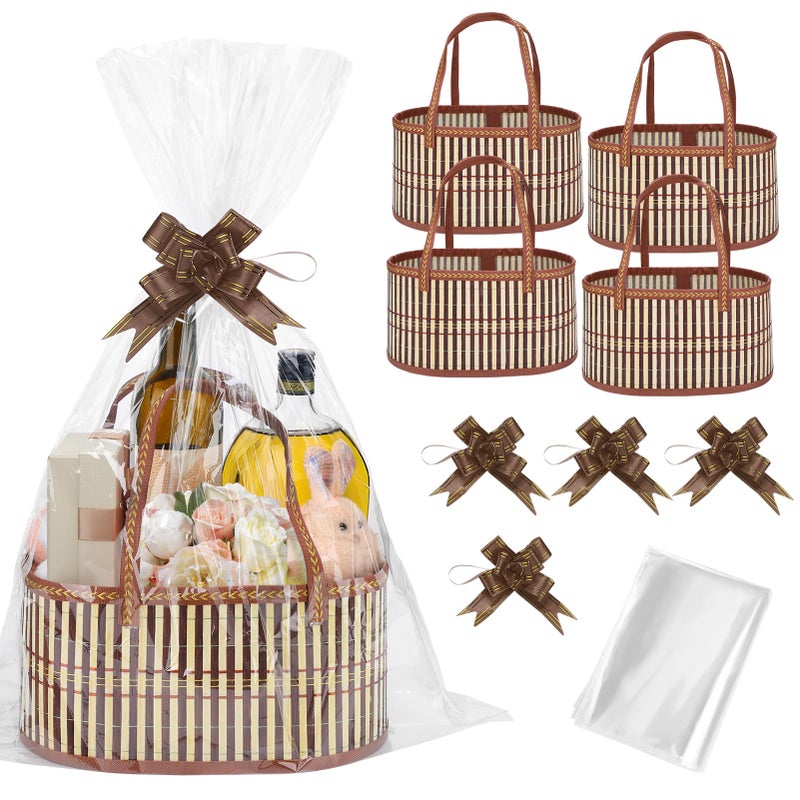 Madholly Bamboo Woven Baskets For Gifts Empty - 4 Set Foldable Sturdy Gift Basket Kit For Wrapping With Handle Cellophane Wrap Pull Bows  For Christmas Thanksgiving Housewarming Baby Shower Birthday - Image 1