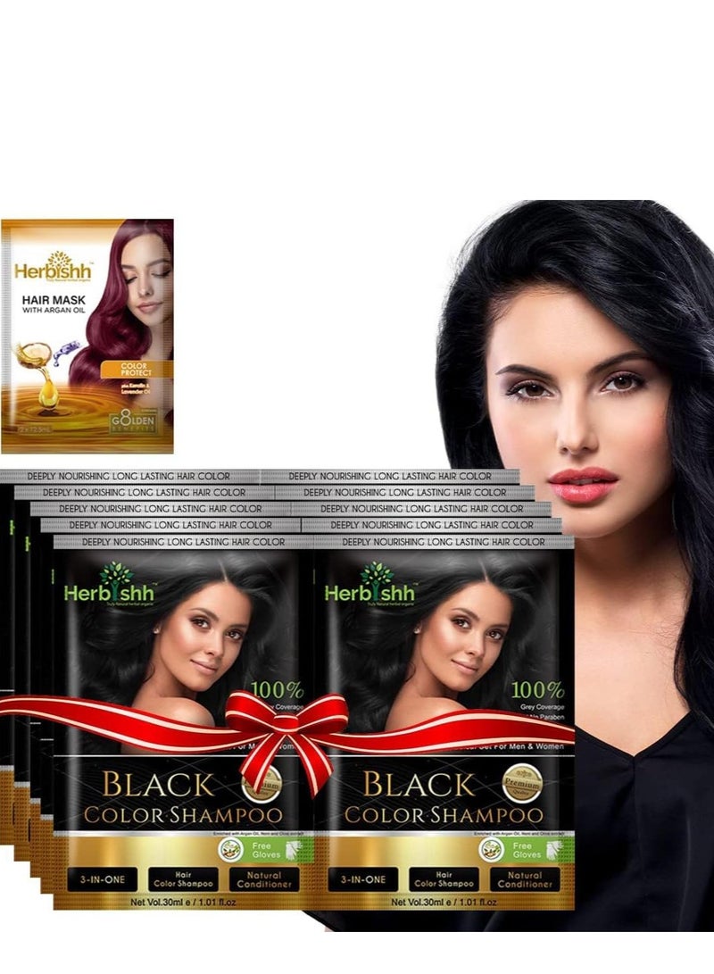 Herbishh Herbish Hair Dye Shampoo for Gray Hair with Argan Hair Mask - Travel Size - Long Lasting Color - 10 Packs + 1 Pack - Ammonia Free (Black) - Image 1