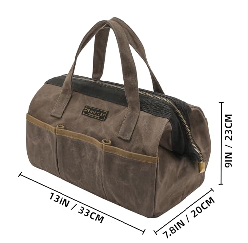 Denifiter Tool Bag, 13-inch Heavy Duty 16oz Waxed Canvas Wide Mouth Water-Resistant Tool Bag, Tool Tote with Handle for Tools, Wrenches, Screwdrivers (13 X 7.8 X 9 inch) | Grey - Image 2