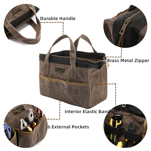 Denifiter Tool Bag, 13-inch Heavy Duty 16oz Waxed Canvas Wide Mouth Water-Resistant Tool Bag, Tool Tote with Handle for Tools, Wrenches, Screwdrivers (13 X 7.8 X 9 inch) | Grey - Image 3