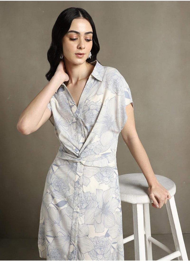 Dennis Lingo Women's White 100% Polyester Printed Knee Length Shirt Regular Fit Dress  - Image 1