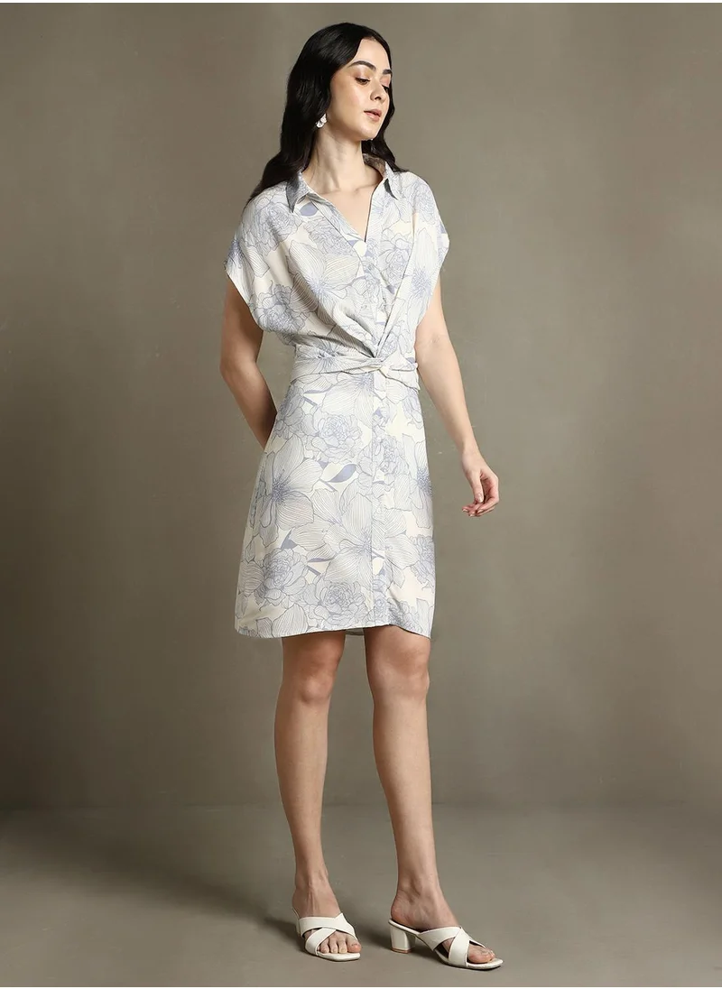 دينيس لينغو Women's White 100% Polyester Printed Knee Length Shirt Regular Fit Dress