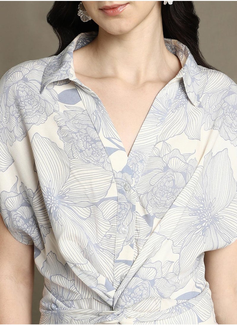 Dennis Lingo Women's White 100% Polyester Printed Knee Length Shirt Regular Fit Dress  - Image 4