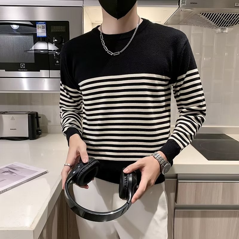 New Mens Sweater Spring Autumn Casual Striped Crew Neck Knitwear Apricot