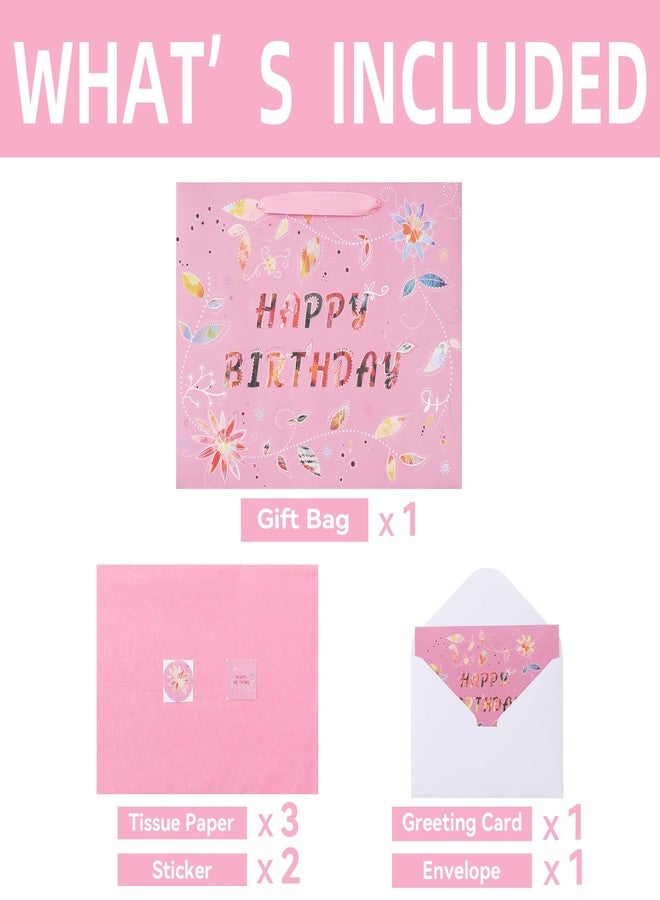 Qirrmiy 13'' Large Happy Birthday Gift Bag Set with Handles, Greeting Card, Tissue Papers and Stickers for Women Girls, Pink Floral Design, 1 Pcs - Image 3