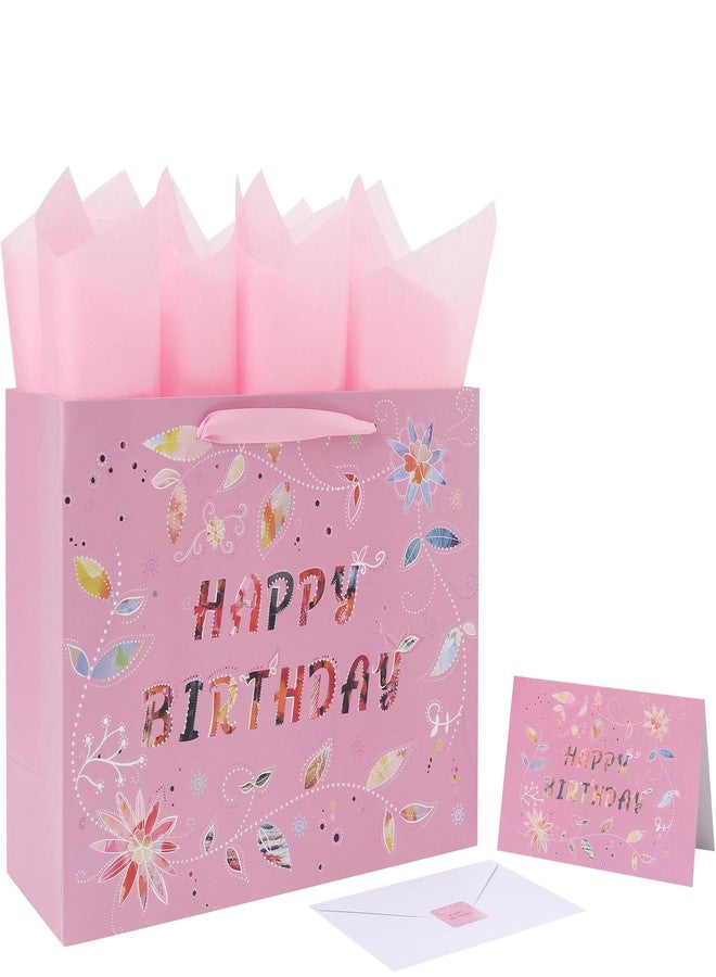 Qirrmiy 13'' Large Happy Birthday Gift Bag Set with Handles, Greeting Card, Tissue Papers and Stickers for Women Girls, Pink Floral Design, 1 Pcs - Image 1