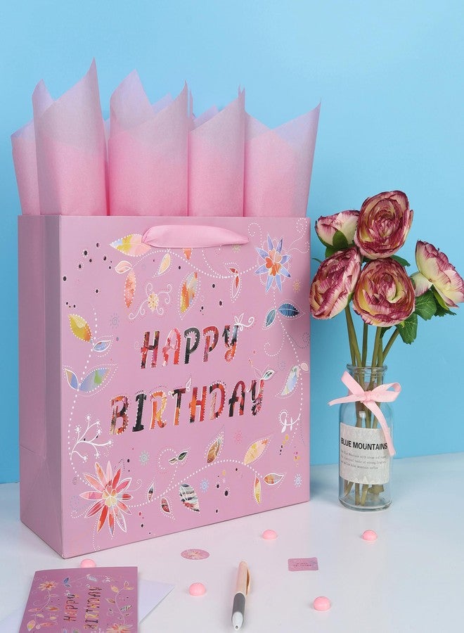 Qirrmiy 13'' Large Happy Birthday Gift Bag Set with Handles, Greeting Card, Tissue Papers and Stickers for Women Girls, Pink Floral Design, 1 Pcs - Image 5