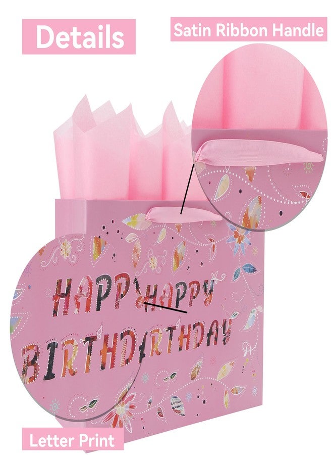 Qirrmiy 13'' Large Happy Birthday Gift Bag Set with Handles, Greeting Card, Tissue Papers and Stickers for Women Girls, Pink Floral Design, 1 Pcs - Image 4