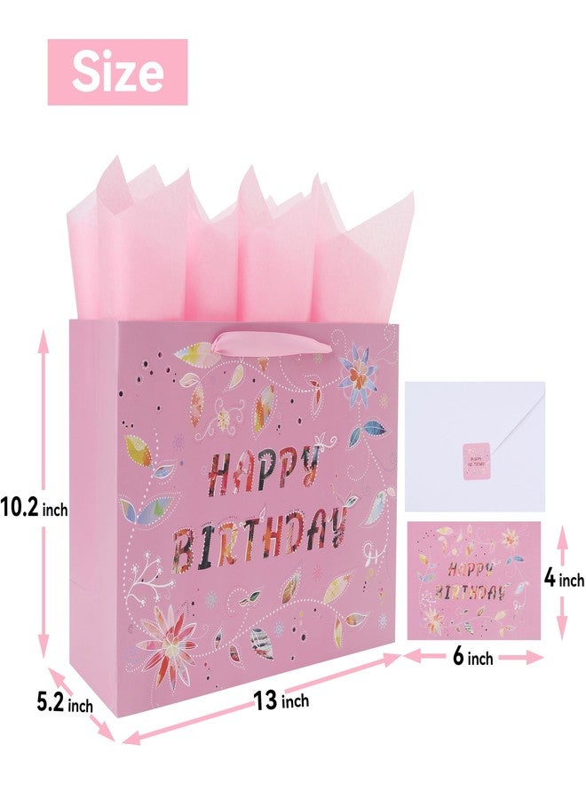 Qirrmiy 13'' Large Happy Birthday Gift Bag Set with Handles, Greeting Card, Tissue Papers and Stickers for Women Girls, Pink Floral Design, 1 Pcs - Image 2