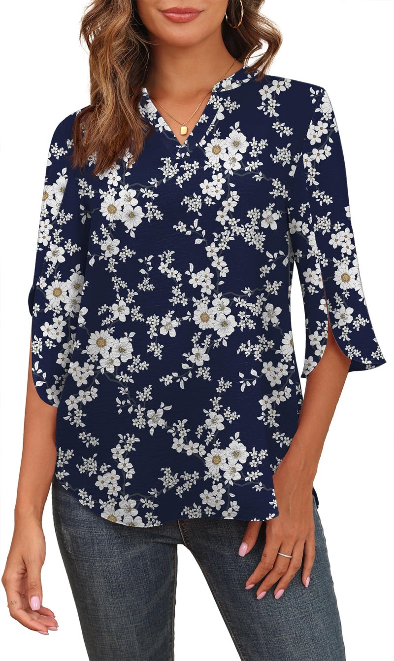 Askyes Womens Summer Clothes Elegant 34 Sleeve V Neck Chiffon Blouses for Women Casual Flowy Tops ShirtsWhite S Floral2XL