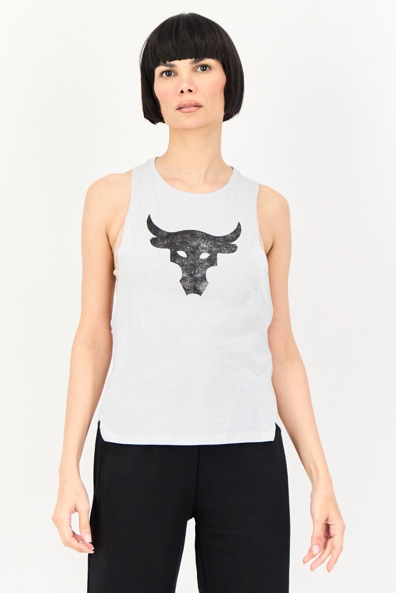 UNDER ARMOUR Women Loose Fit Sleeveless Project Rock Bull Training Tank Top, Grey - Image 1