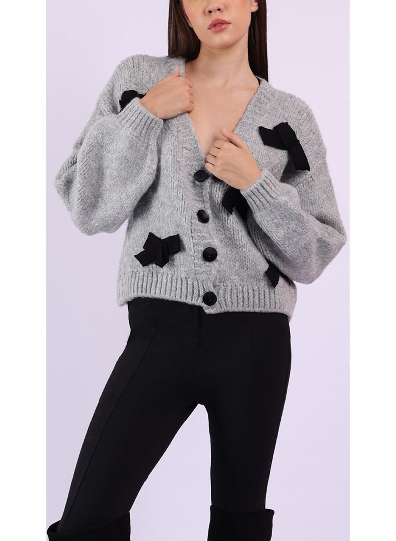 KYVELi Women’s Soft Knit Cardigan with Bow Accents – Grey - Image 1