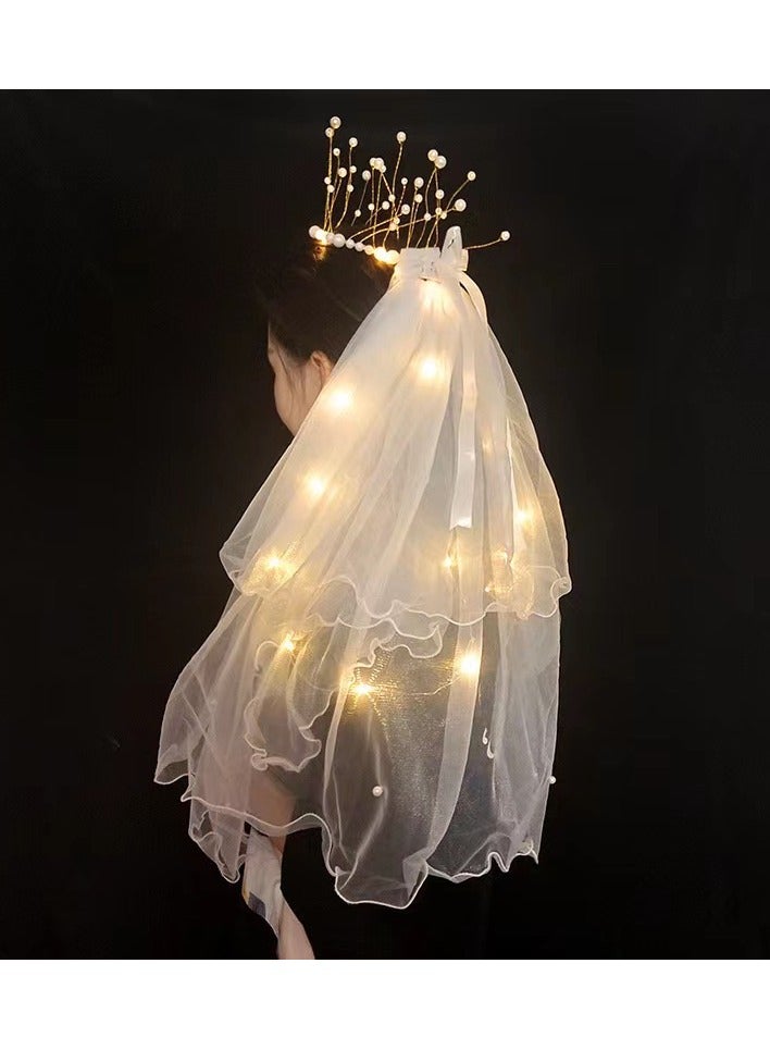 Girl Veil with Pearl Crown and Lights for Party Favors Toy Costume Accessories Cosplay Accessories for Grils  - Image 1