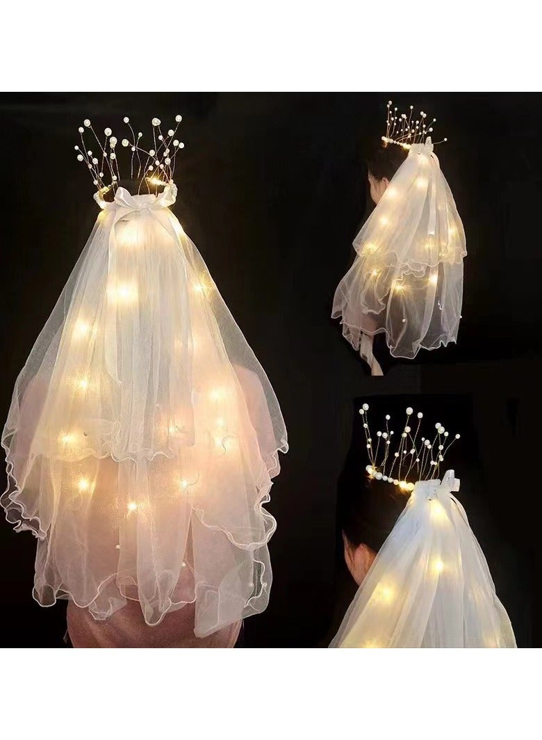Girl Veil with Pearl Crown and Lights for Party Favors Toy Costume Accessories Cosplay Accessories for Grils  - Image 2