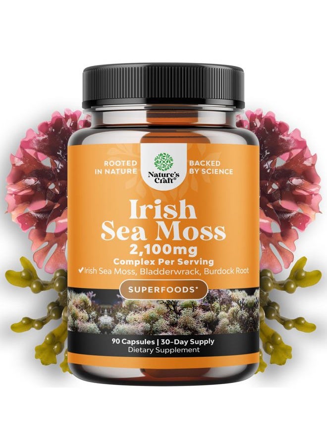 Natures Craft - Organic Irish Sea Moss Capsules - Organic Sea Moss Pills with 2100mg Serving Superfood Complex with Bladderwrack Burdock Root and BioPerine for Immune Skin & Thyroid Support - Vegan Non-GMO (1 Month) - Image 1