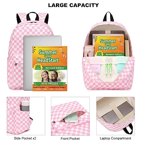 Dezcrab Checkered Kids Backpack for Girls Teens School Bags Bookbags Set with Lunch Bag Pencil Case Pink - Image 3