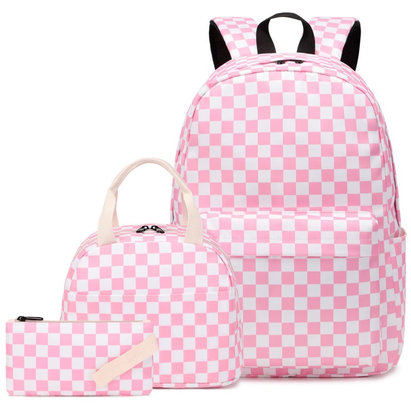 Dezcrab Checkered Kids Backpack for Girls Teens School Bags Bookbags Set with Lunch Bag Pencil Case Pink - Image 2
