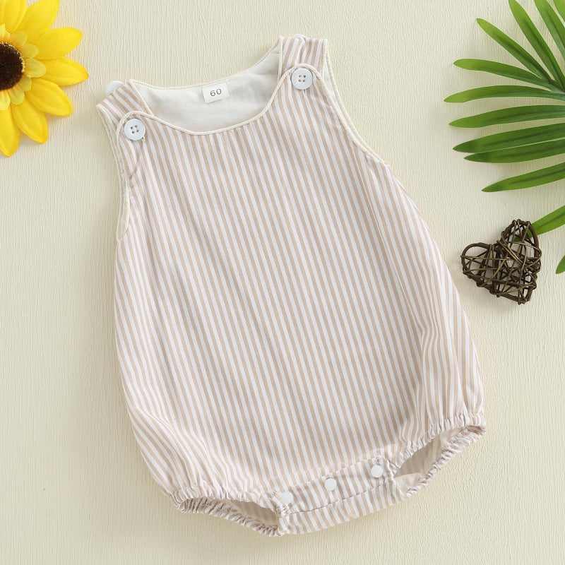 Kuriozud Unisex Newborn Baby Boy Girl Summer Clothes Sleeveless Bubble Romper Jumpsuit Overall Shorts Infant Clothing (Striped Beige, 12-18 Months) - Image 3