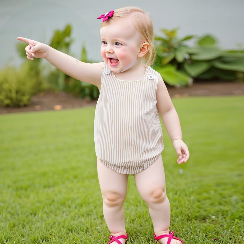 Kuriozud Unisex Newborn Baby Boy Girl Summer Clothes Sleeveless Bubble Romper Jumpsuit Overall Shorts Infant Clothing (Striped Beige, 12-18 Months) - Image 2