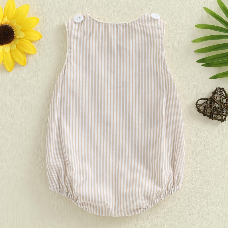 Kuriozud Unisex Newborn Baby Boy Girl Summer Clothes Sleeveless Bubble Romper Jumpsuit Overall Shorts Infant Clothing (Striped Beige, 12-18 Months) - Image 4
