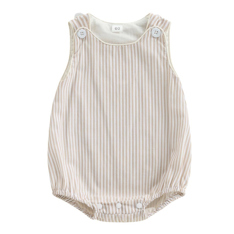 Kuriozud Unisex Newborn Baby Boy Girl Summer Clothes Sleeveless Bubble Romper Jumpsuit Overall Shorts Infant Clothing (Striped Beige, 12-18 Months) - Image 1