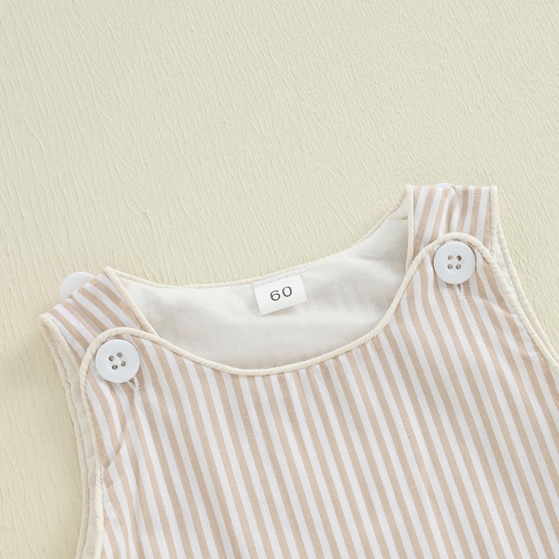Kuriozud Unisex Newborn Baby Boy Girl Summer Clothes Sleeveless Bubble Romper Jumpsuit Overall Shorts Infant Clothing (Striped Beige, 12-18 Months) - Image 5