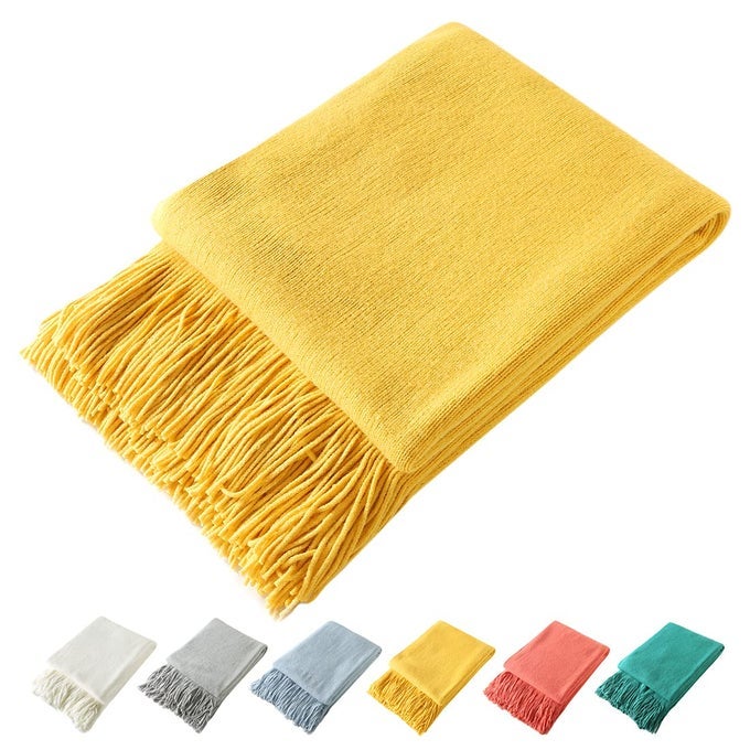 DECORATIVE KNITTED THROW BLANKET WITH FRINGE SOFT COZY TASSEL BLANKET FOR COUCH SOFA BED YELLOW50X60
