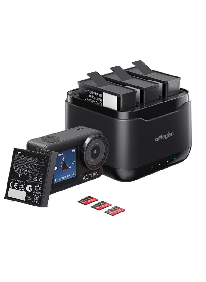 aMagisn شاحن بطاريات لـ DJI Osmo Action5 Pro – قاعدة شحن ثلاثية سريعة مع تخزين بطاقات MicroSD وإدارة ذكية للطاقة وحماية من الحرارة الزائدة والتيار – شاحن كاميرا رياضية - Image 1