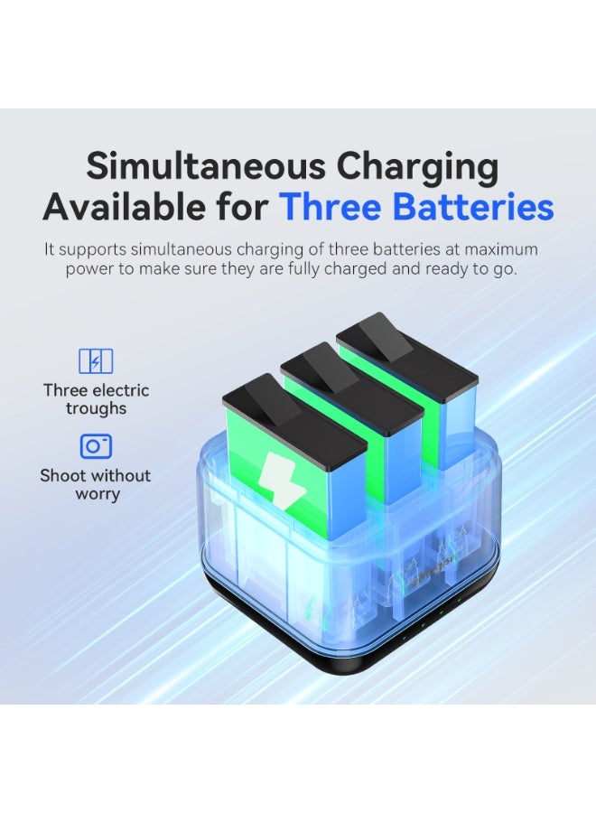 aMagisn شاحن بطاريات لـ DJI Osmo Action5 Pro – قاعدة شحن ثلاثية سريعة مع تخزين بطاقات MicroSD وإدارة ذكية للطاقة وحماية من الحرارة الزائدة والتيار – شاحن كاميرا رياضية - Image 3