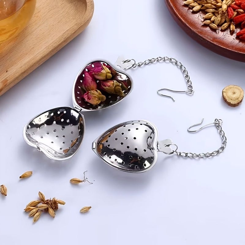 Stainless Steel Heart Shaped Tea Infusers Set Of 4 With Chain And Clip Fine Hole Filter - Image 2