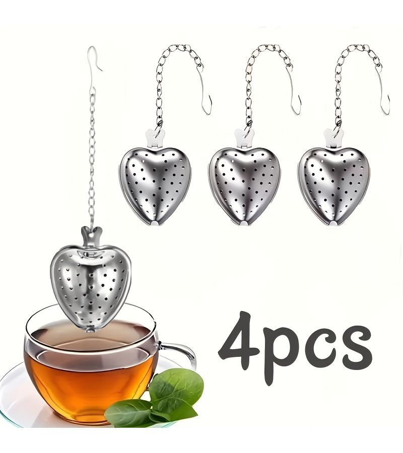 Stainless Steel Heart Shaped Tea Infusers Set Of 4 With Chain And Clip Fine Hole Filter - Image 1