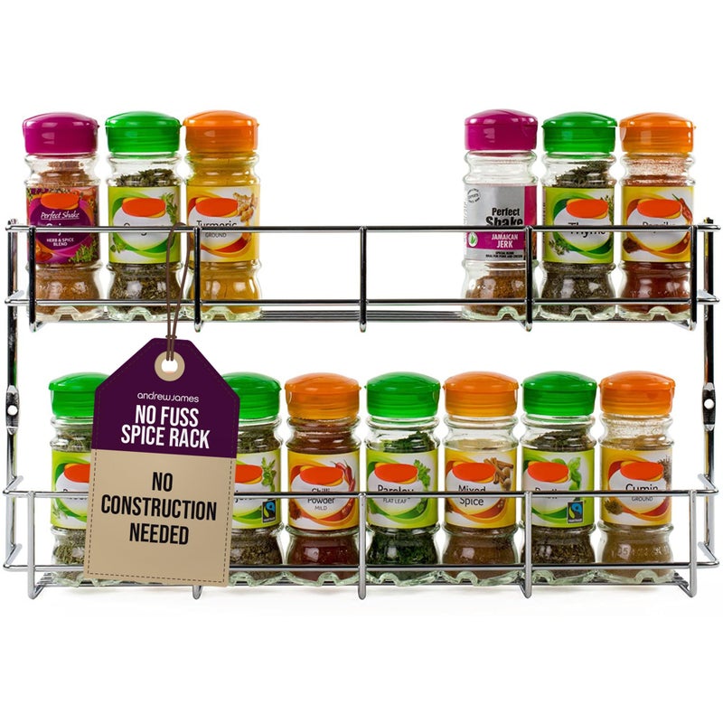 andrew james Wall Mounted Spice Rack  No Assembly Needed  Chrome Hanging Spice Shelf for Inside Cupboard Door or Wall  Kitchen Cupboard Organiser  Spice Storage Rack with Fixings  Holds 16 Jars