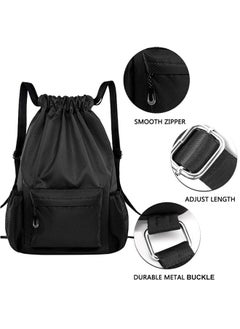GUSGU Drawstring Backpack, Water Resistant Bag, Gym Sports Bag with Water Bottle Holder and Zipper Pockets for Men Women, Black,Classic  - Image 3