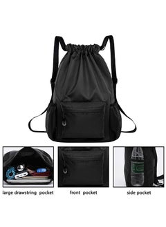 GUSGU Drawstring Backpack, Water Resistant Bag, Gym Sports Bag with Water Bottle Holder and Zipper Pockets for Men Women, Black,Classic  - Image 4