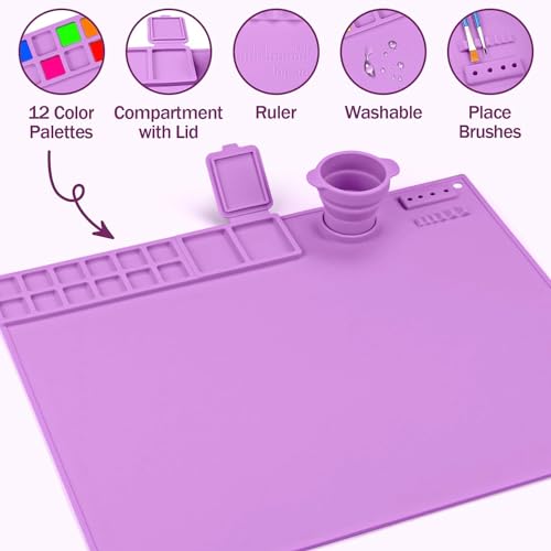 BeFunky Silicone Art Mat with Cup, Painting Mat for Crafts, Artist Mat with Brush Holders for Kids Gift, Clay, DIY Creations and Play Doh (Purple) - Image 2